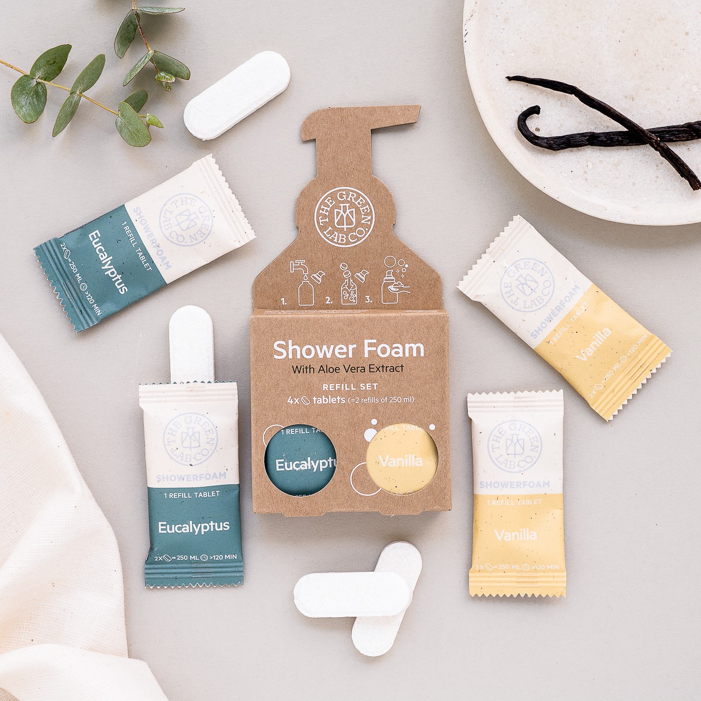 The Green Lab Co Shower Foam Refill Set with Aloe Vera — 4 tablets (Eucalyptus & Vanilla) with dispenser-shaped cardboard pack.